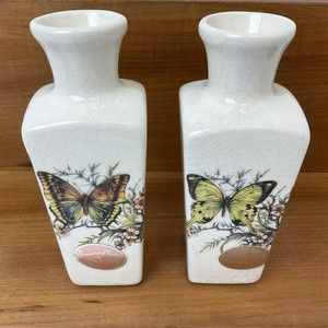 Vintage Pottery Craft USA Ceramic Crackled Butterfly Vase Set Of 2